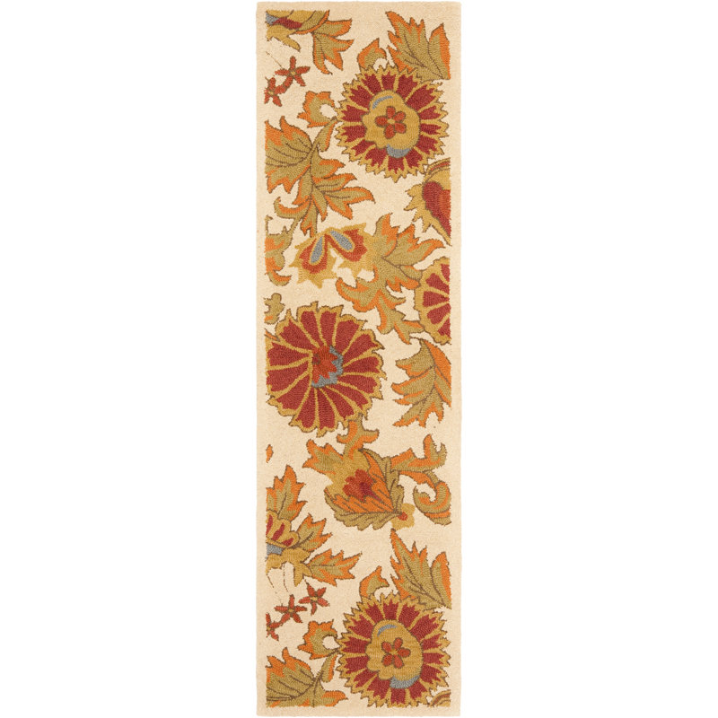 Tapis ivoire en laine / coton / latex crocheté à la main Emrick Blossom, Tapis de couloir 2 pi 3 po x 6 pi