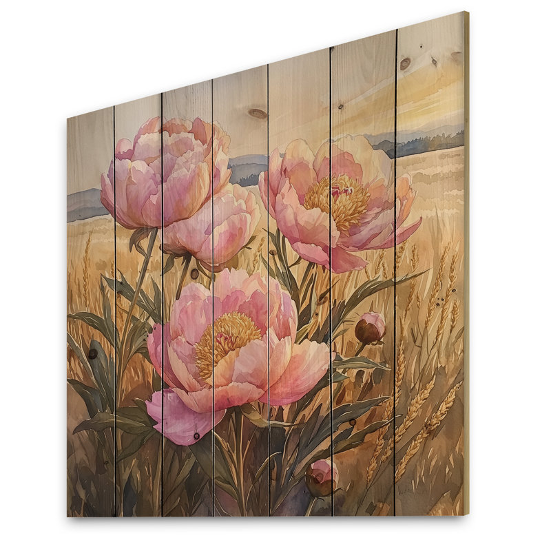 Pivoines dans le champ de l'heure dorée I - Art mural en bois pivoines - sur bois de pin naturel