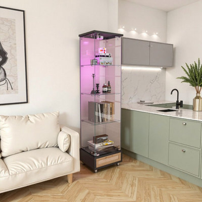 Slim LED Display Cabinet with Drawer & Wheels, 13-Color Remote Lighting, Tempered Glass Shelves