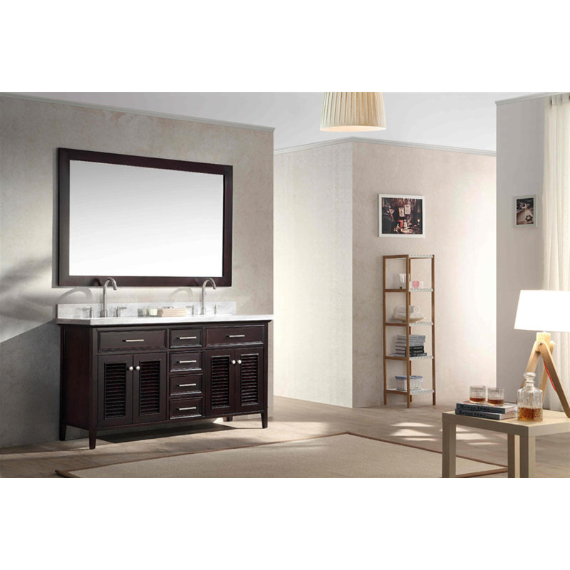 Ensemble de meuble-lavabo double 61 po Hamil, Espresso, Marbre blanc de Carrare, Forme rectangulaire