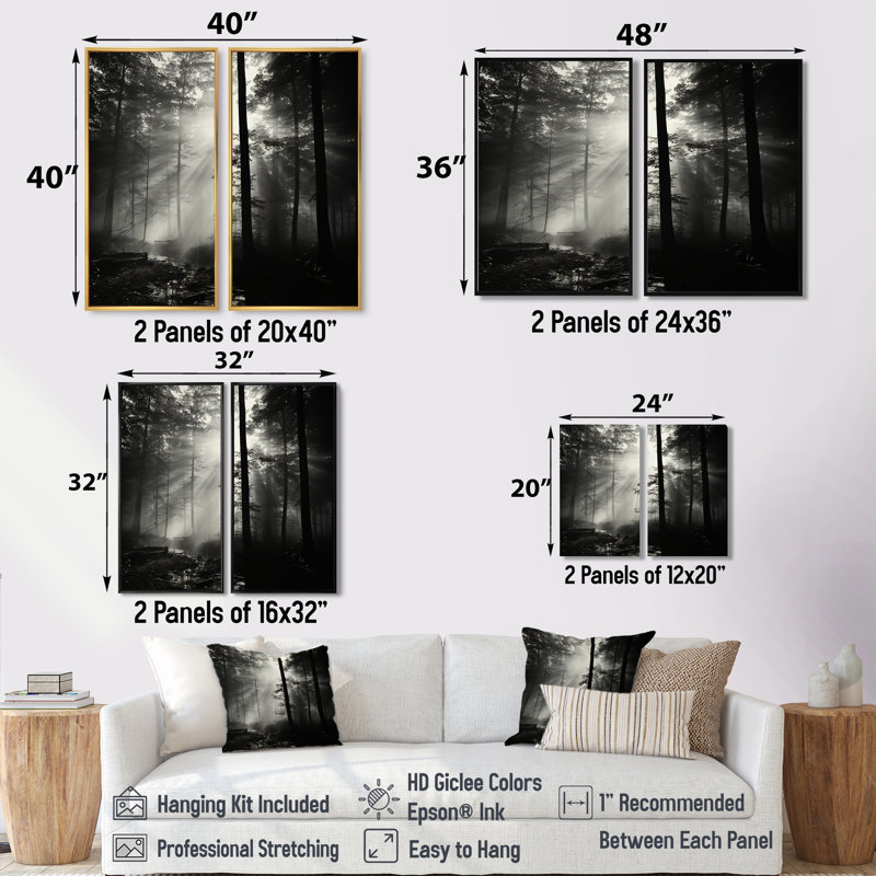 «Black and White Forest Silence», art mural sur toile surdimensionné «Forest», H 32 po x l 32 po, Noir