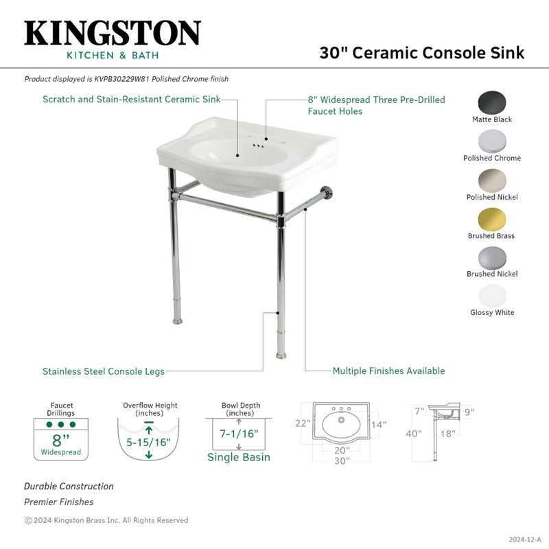 Lavabo console Kingston en céramique victorienne 30 pouces avec pieds en acier inoxydable (8 pouces, 3 trous), Nickel poli