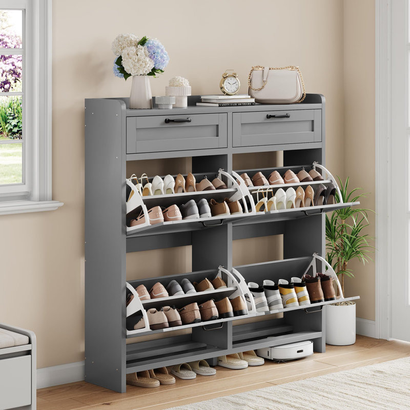 Shoe Cabinet with 4 Flip Drawers & 2 Top Drawers, Wooden Shoe Organizer Cabinet with Adjustable Shelf, Freestanding Shoe Storage Cabinets