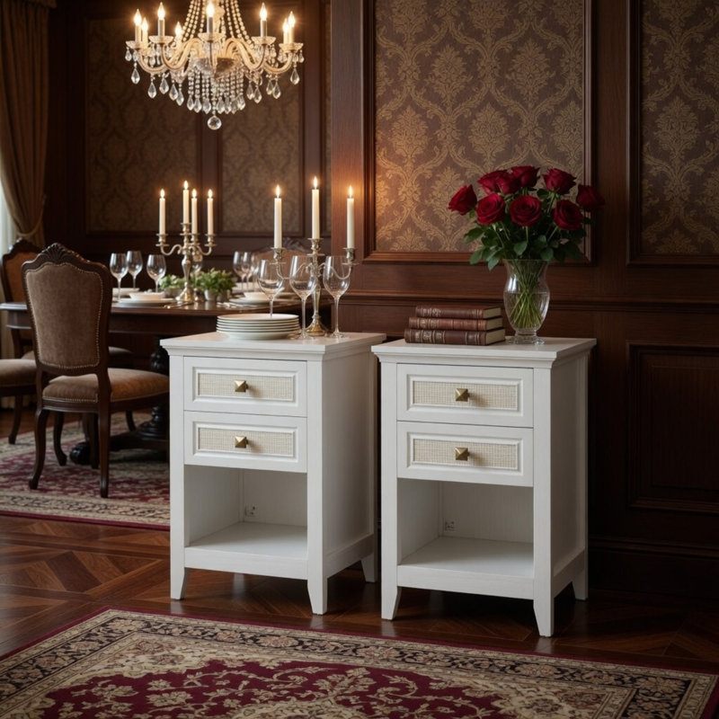Ensemble de 2 tables de chevet blanches en rotin blanc - 27 po de hauteur avec 2 tiroirs pour la chambre à coucher et les petits espaces