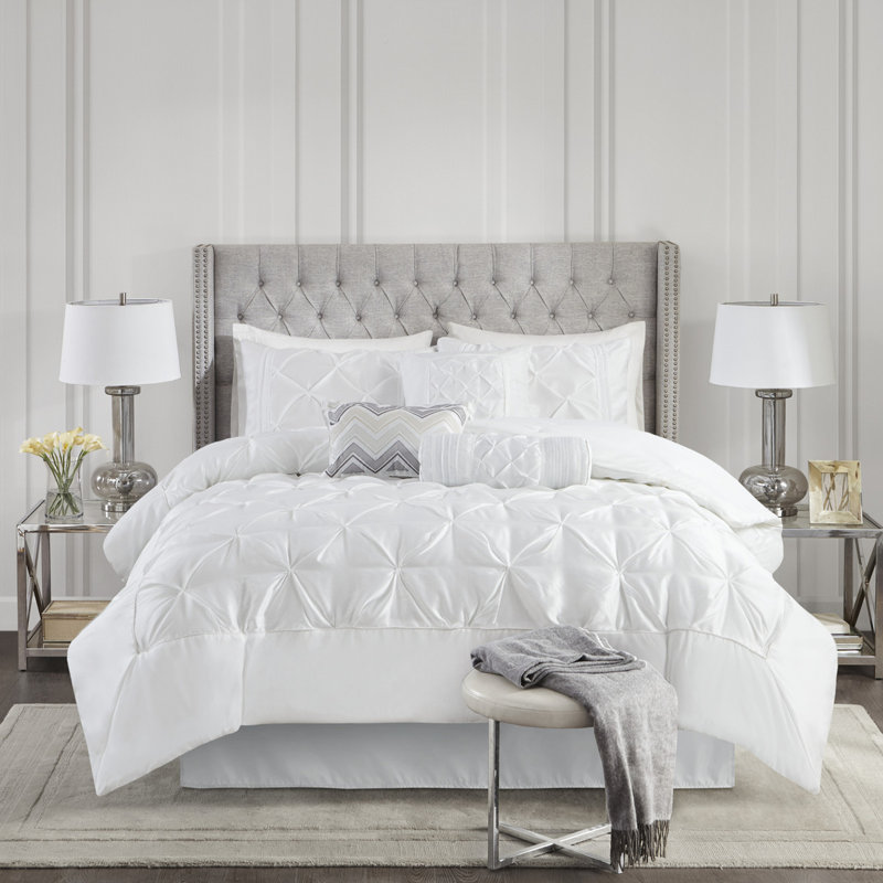 Édredon 7 pièces très grand - avec édredon, 2 taies décoratives, 3 coussins décoratifs et jupe de lit, Blanc