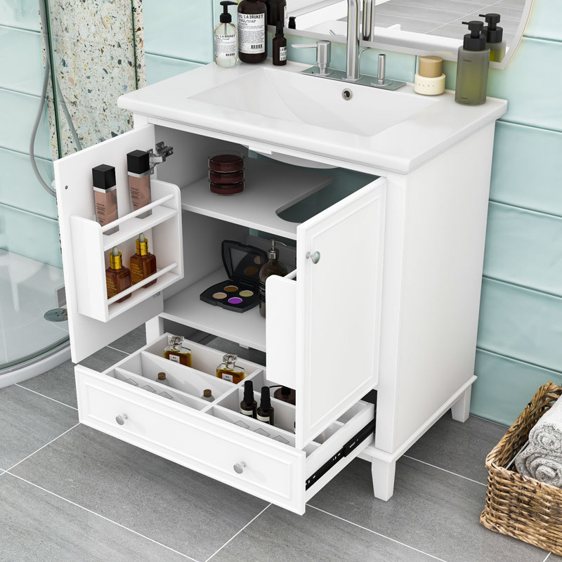Ensemble de meuble-lavabo simple autoportant avec lavabo en céramique Kidd Modern, Blanc