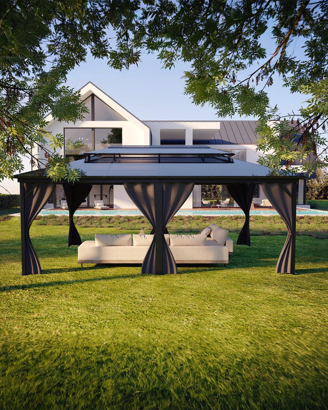 Abri de jardin à toit rigide 12 x 20 pi, double toit en polycarbonate, structure en aluminium, filet et rideau