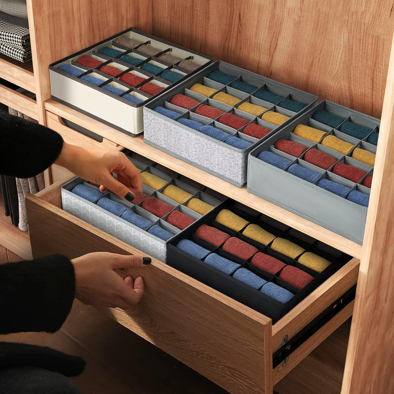 Dresser Drawer Organizers For Socks, Ties & Clothing - 3 Pack, 72 Grid Compartments, Light Gray