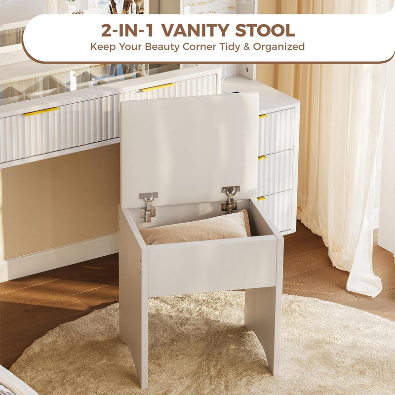 48" Fluted Makeup Vanity Desk with LED Mirror, Charging Station & Storage Stool for Bedroom, White