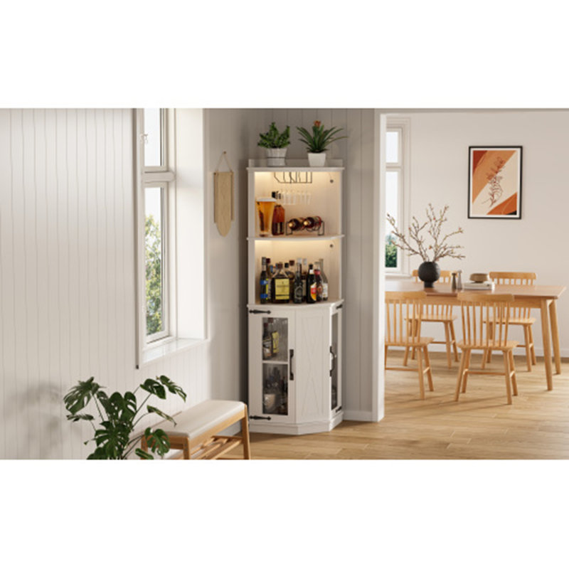67.3" Corner Bar Cabinet with Power Outlet, Farmhouse Wine Bar with Adjustable Shelves, Lights & Glass Rack for Dining & Living Room