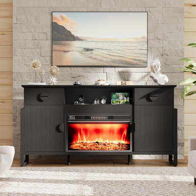  70'' Fireplace Tv Stand For Tvs Up To 80 Inch, Fluted Tv Stand With 30" Fireplace & Power Outlets, Entertainment Center For Living Room, Black