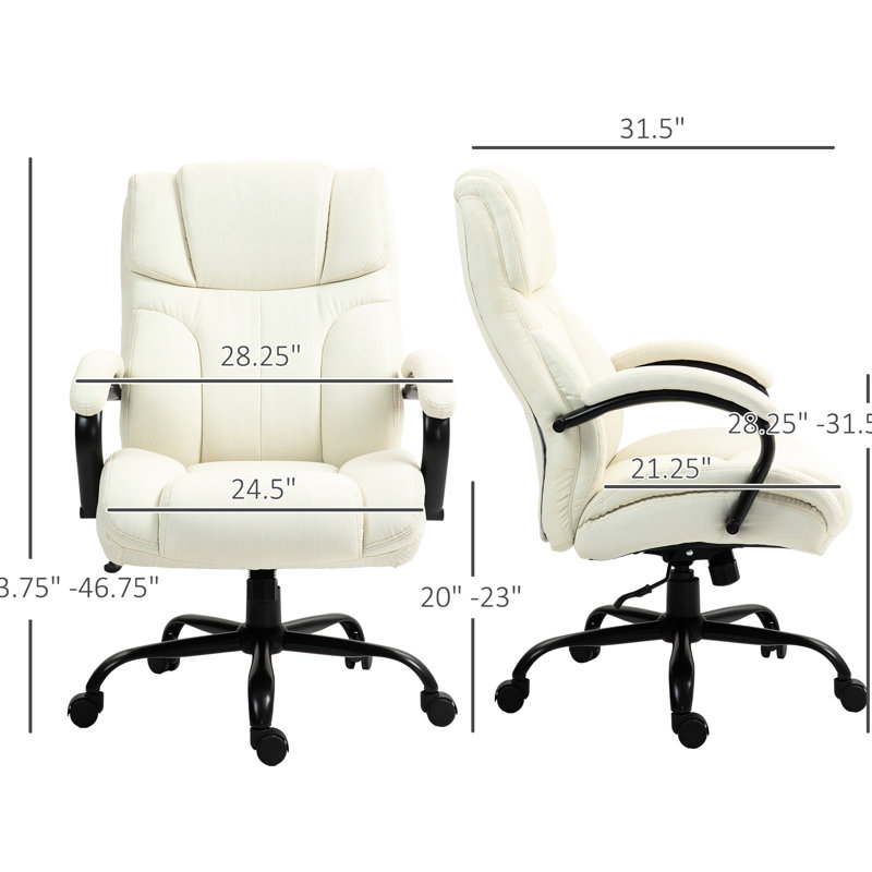 Chaise de bureau robuste de 500 lb, style grand et grand, hauteur réglable, lin blanc crème, siège pivotant, capacité, tissu en lin, blanc