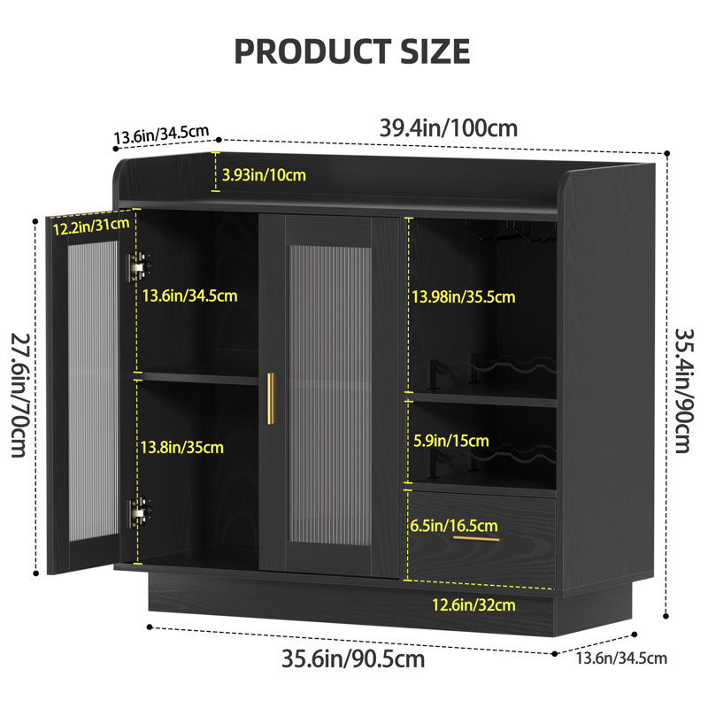 Floating Coffee Bar Cabinet With Led Light,wine And Glass Rack, Black