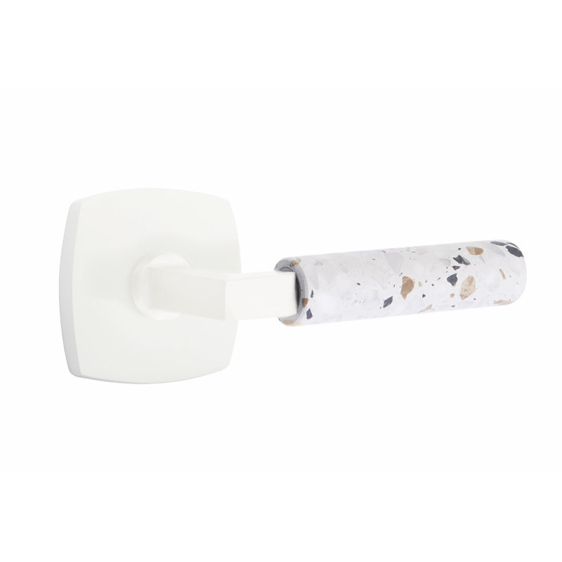 Ensemble de leviers d'intimité Emtek Select, rosette Urban Modern, tige carrée en L, poignée en marbre blanc, CF