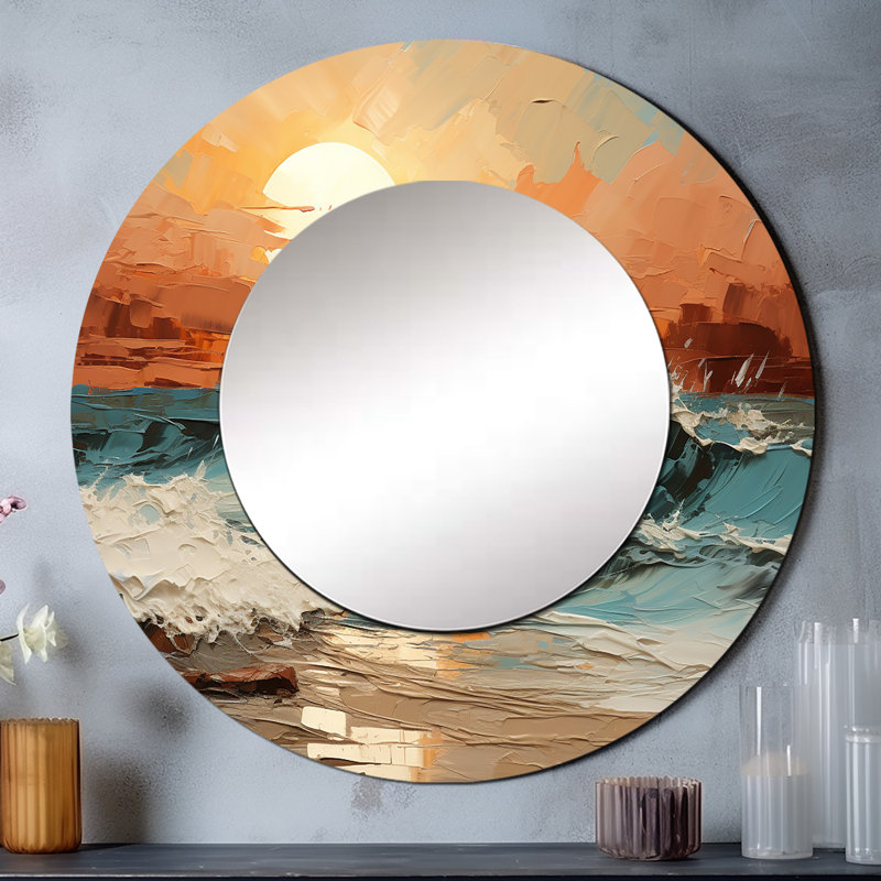 Bold Beach Sunset Scenery I - Coastal Sunset, grand miroir mural rond rouge, reproduction d'art en métal, 23 po x 23 po