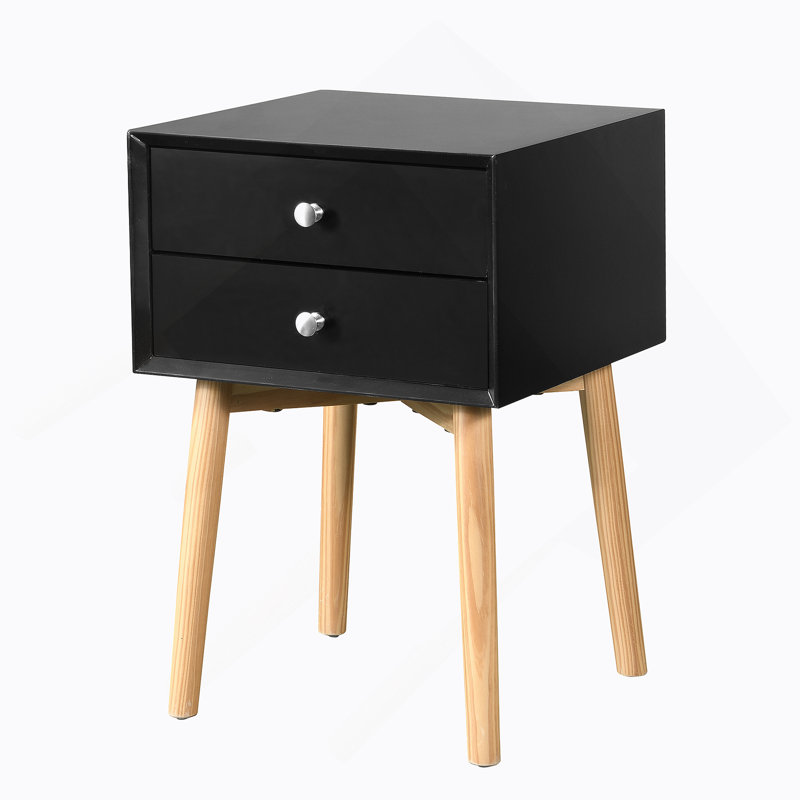 Table de chevet noire avec 2 tiroirs et pieds en bois d'hévéa noir, Noir