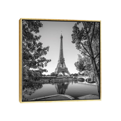 Eiffel Tower Along The Banks Of The Seine River, Paris, France, Wall Art Print - Framed Canvas