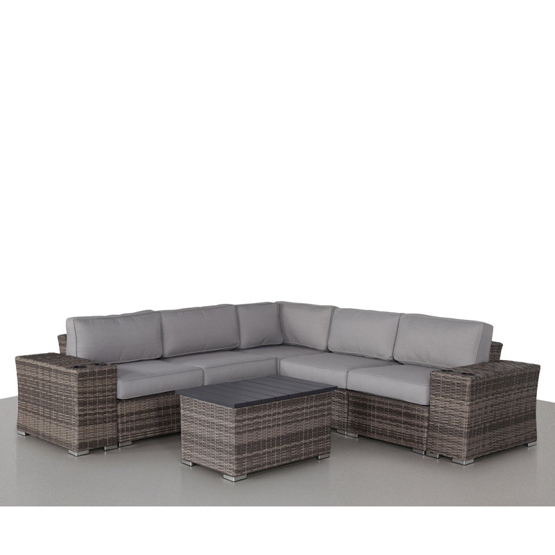 Ensemble de conversation en osier pour 4 personnes avec coussins, entièrement assemblé, Mélange de gris
