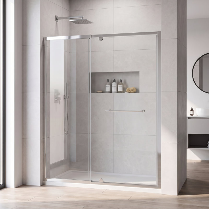 Porte de douche à cadre pivotant en chrome avec verre trempé transparent et poignée en acier inoxydable l 56 à H 72 po x H 72 po