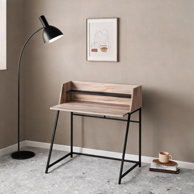 Contemporary Computer Desk with Hutch Shelf and Cable Management, Neutral Beige Particle Board and Black Steel, 47 Inch