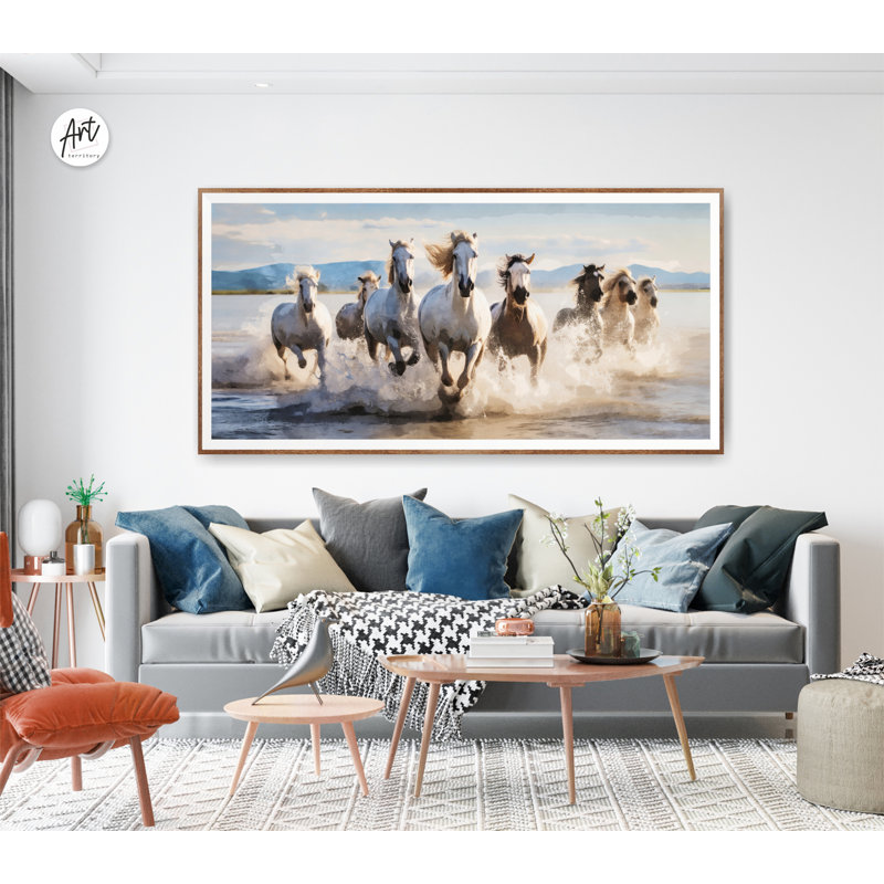 Impression horizontale de chevaux aquarelle, décor de ferme, art mural très grand, toile, Toile tendue