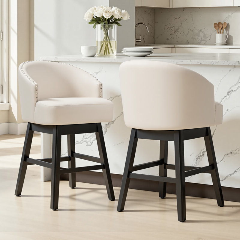 26.5" Swivel Faux Leather Upholstered Counter Stool with Solid Wood Legs, Beige, Counter Stool (26.5" Seat Height)