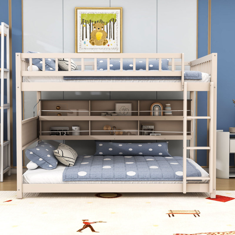Full Over Full Wooden Bunk Bed with Integrated Storage and Lighting, Beige