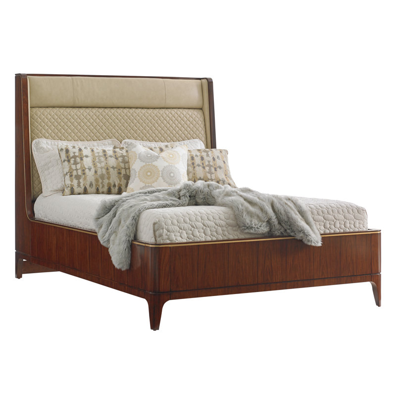 Beige and Brown Queen Upholstered Leather Bed with Metal Frame