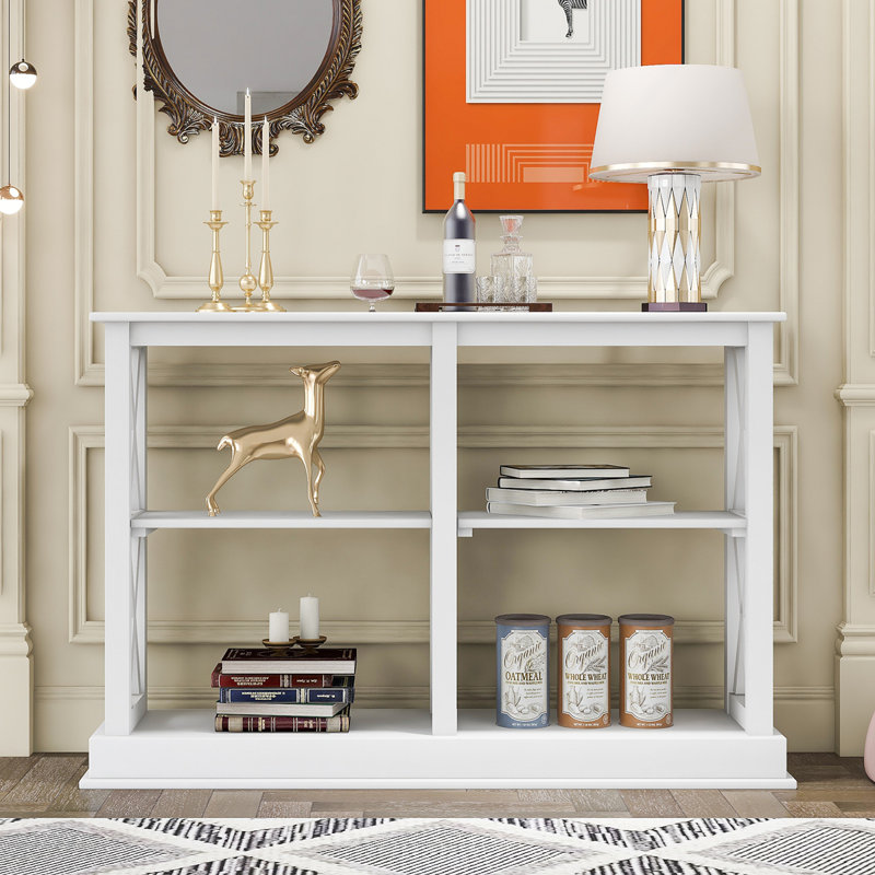 Console, table d'entrée, table de vestibule avec espaces de rangement ouverts à 3 niveaux et pieds en «X», Blanc / Blanc