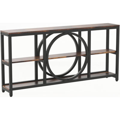 70.9 Inch Extra Long Console Table with 3-Tier Shelves, Unique Circular Frame for Rustic Industrial Decor, Narrow Entryway and Living Room Storage, Rustic Brown & Black