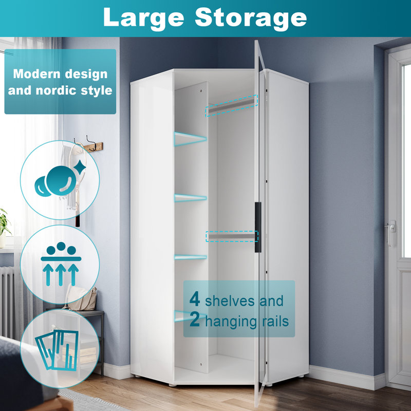 472.44*203.2*203.2CM Modern Corner Wardrobe with High Gloss UV Doors and Mirror,Solid Wood Style, White