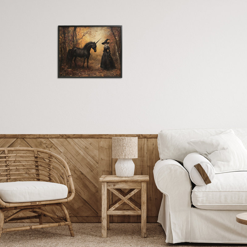 Sorcière et licorne noire, estampe numérique, design par Arlington Prints, H 11 po x l 14 po, Giclée encadrée noir minuit