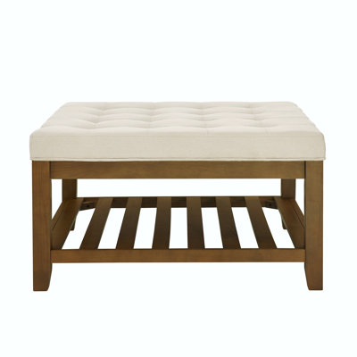 Upholstered Coffee Table Tufted Linen Large Square Ottoman with Beech Wood Shelf