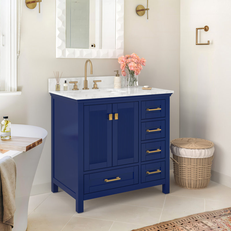 Meuble-lavabo simple 36 po avec comptoir en marbre de Carrare et dosseret entièrement assemblé, Bleu marine / or, 36"