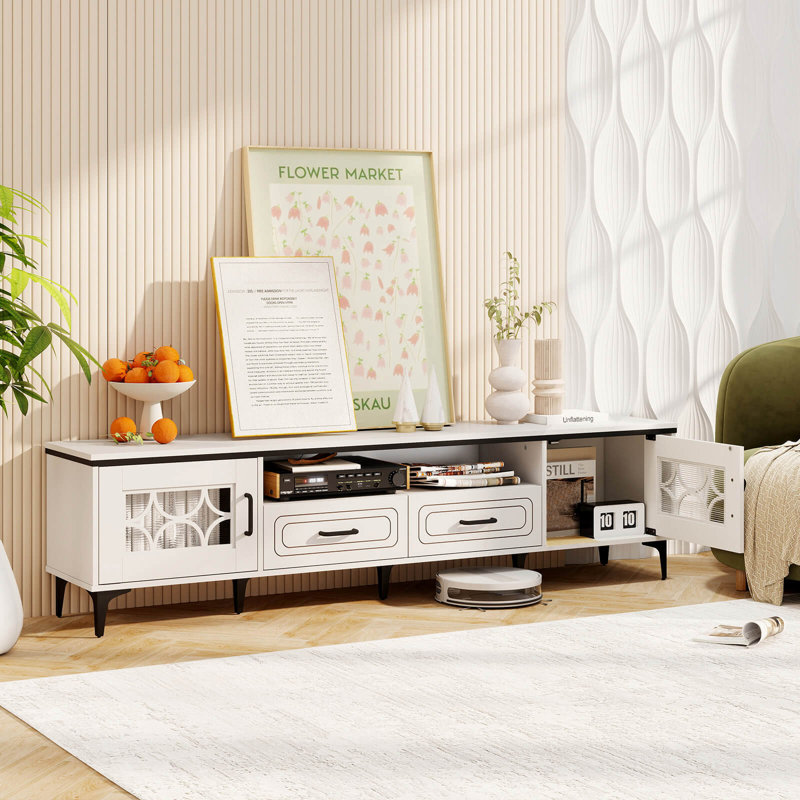 71" Tv Stand For Tvs Up To 80" With Open Compartment Side Cabinets & Drawers, White/Black