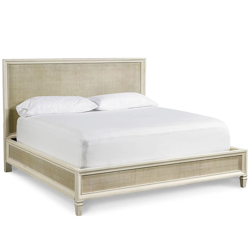 Summer Hill Upholstered Platform Bed, Off White/Natural Rattan, King