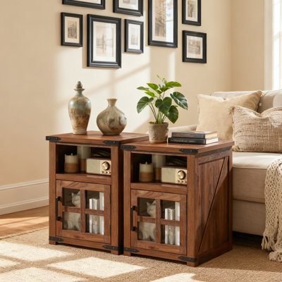 24''H Farmhouse End Table (Set Of 2) With Charging Station Rustic Nightstand