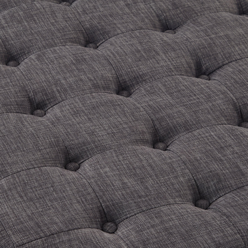 Large Round Upholstered Tufted Linen Ottoman Coffee Table, Large Footrest Ottoman with Wood Shelf Storage- Dark Gray, Gray