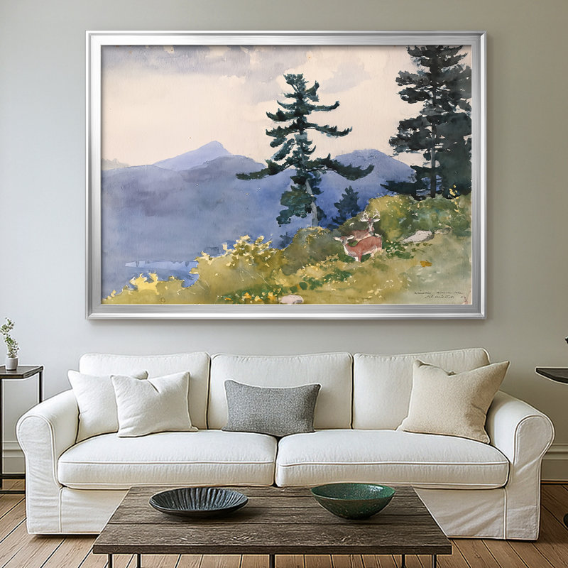 «Deer in the Adirondacks-Winslow Homer», toile tendue avec châssis - 1889, 26,5 x 36,5, Toile avec cadre, Argent