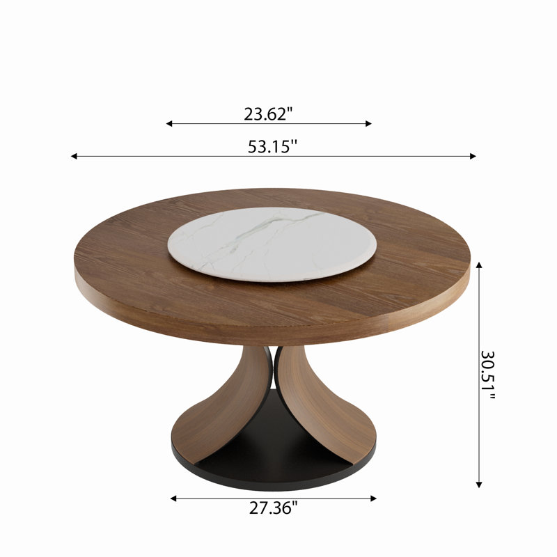 Table de salle à manger ronde en bois massif de ton noyer avec plateau amovible en marbre Susan