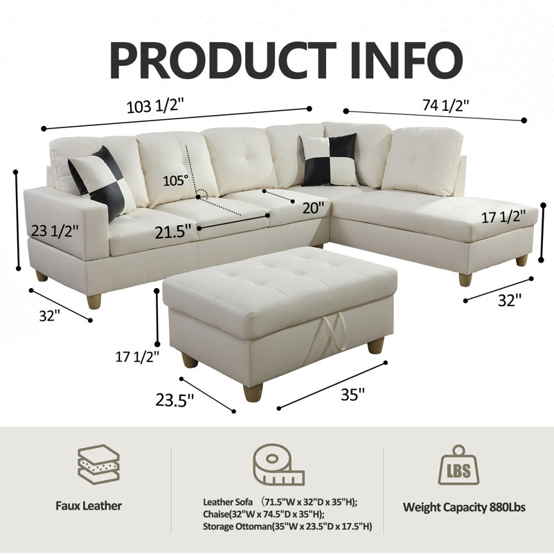 Ensemble de salon modulaire en similicuir 3 pièces Elsiana, Accoudoir à droite (vu de face), Similicuir blanc