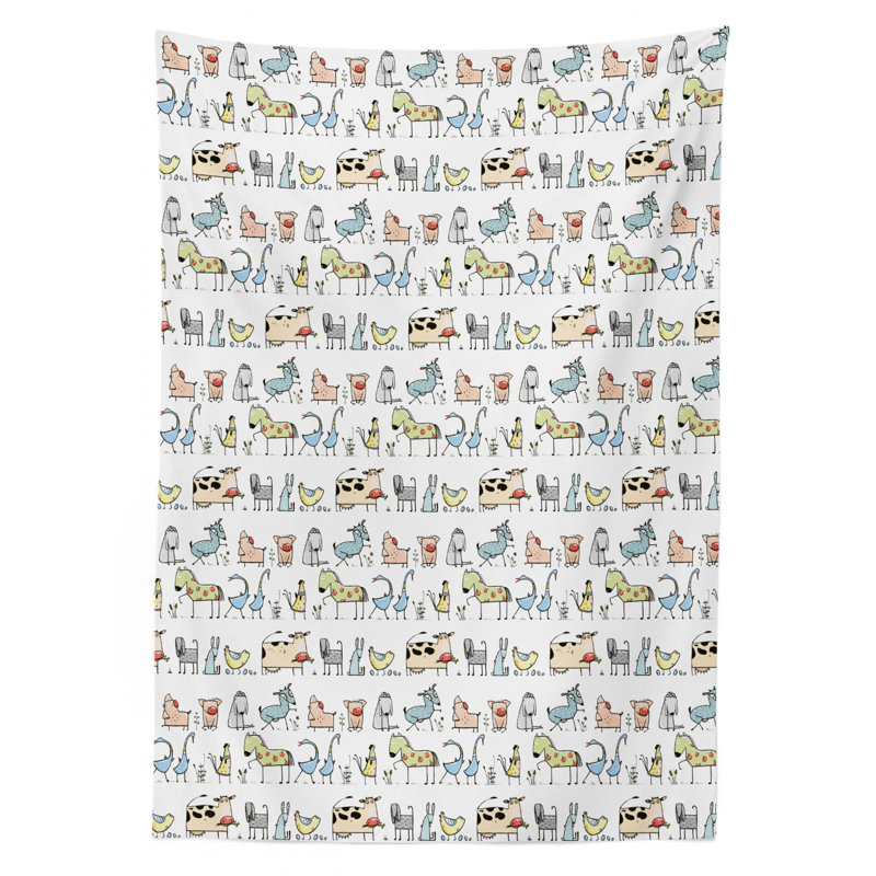 Ambesonne Retro Tablecloth, Cartoon Village Of Domestic Animals Goat Goose Sheep Funny Patterns Kids Nursery, Rectangular Table Cover For Dining Room Kitchen Decor, 60" X 84", Yellow Beige