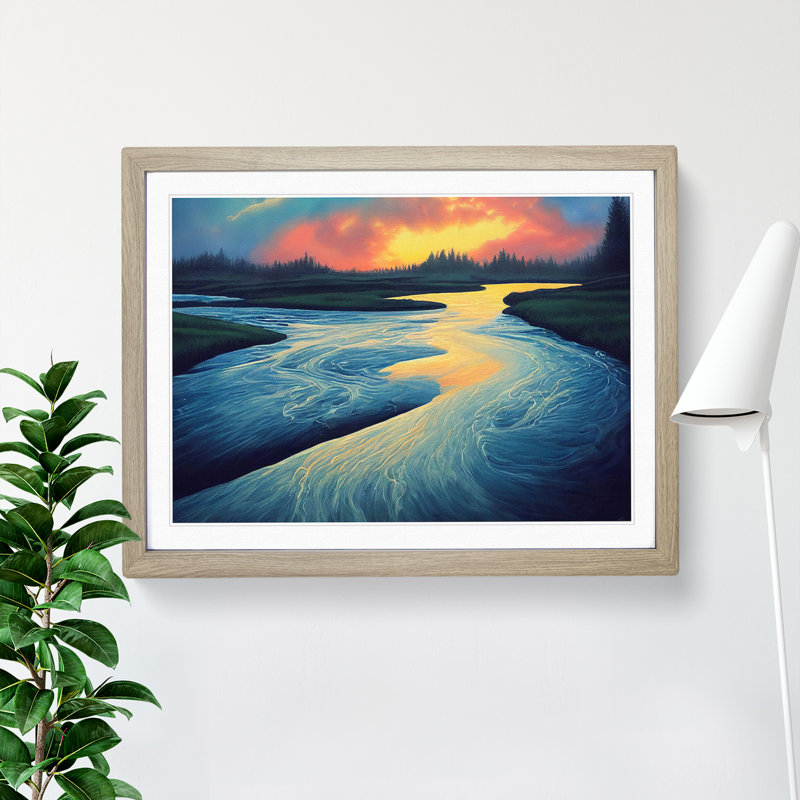 Forest River At Sunrise Framed Print, 25cm H x 34cm W x 2cm D, Oak