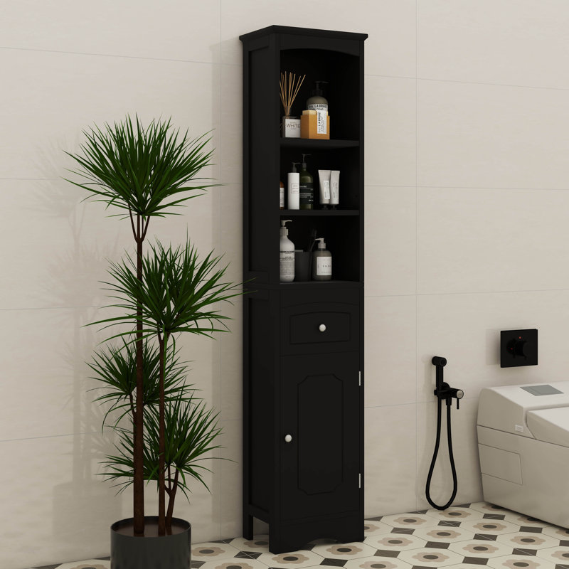 Tall And Slim Storage Cabinet With Drawer And Door Freestanding Type, Black