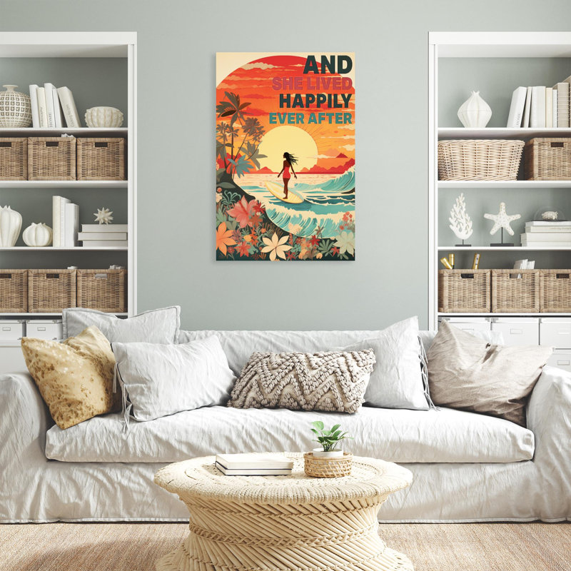 " Surfing And She Lived Happily - 1 Piece Rectangle Graphic Art Print On Wrapped Canvas ", L 11 po x H 14 po
