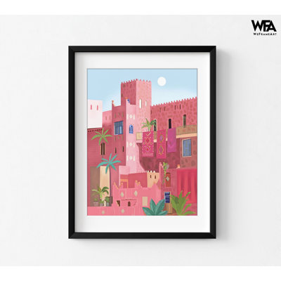 «Kashbah» par Petra Lizde, belle œuvre d'art d'inspiration arabe, idée de décoration de bâtiment arabe rose, affiche des Terres magiques