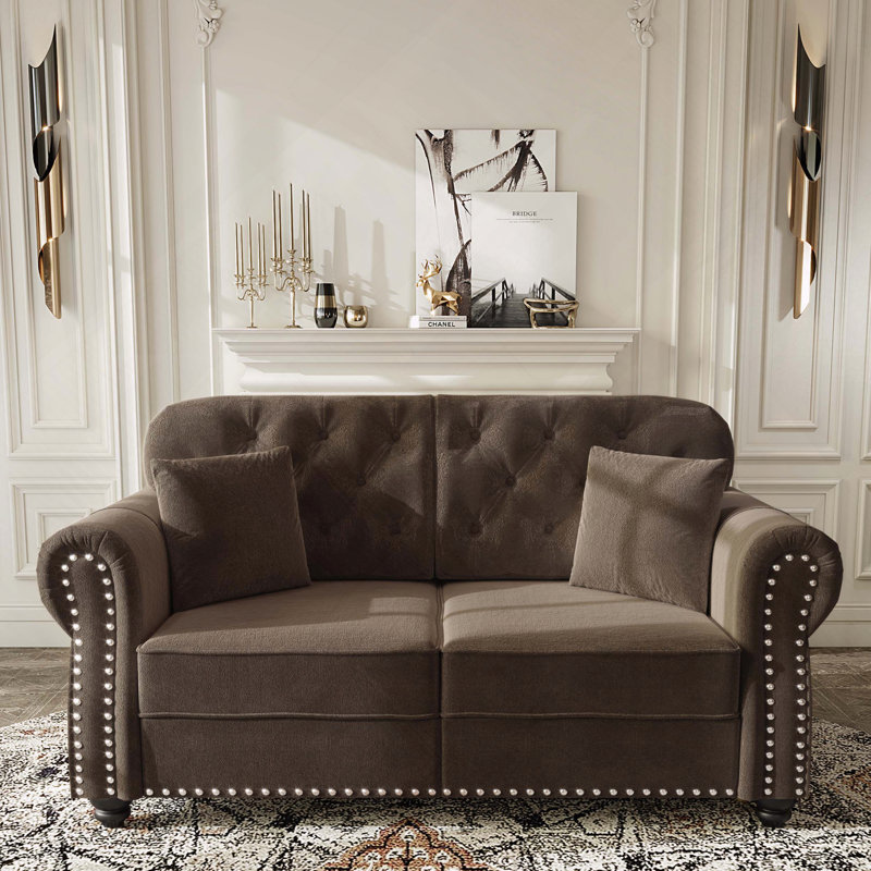 Velours Chesterfield canapé garniture cloutée capitonnée, Brun