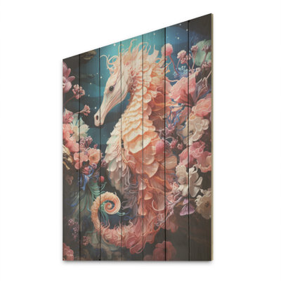 Marine Seahorse Composition I - Coastal Coral Under Water Wood Wall Art On Natural Pine Wood