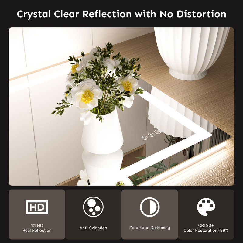 Led Backlit Frameless Lighted Bathroom Mirror Wall Mirror Dimmable Anti-fog, 55" x 36"