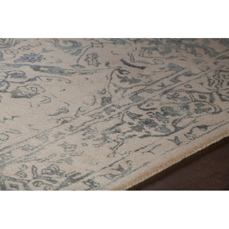 Tapis en viscose beige et bleu oriental touffeté à la main Pappalardo, Rectangle 5 pi x 7 pi 6 po